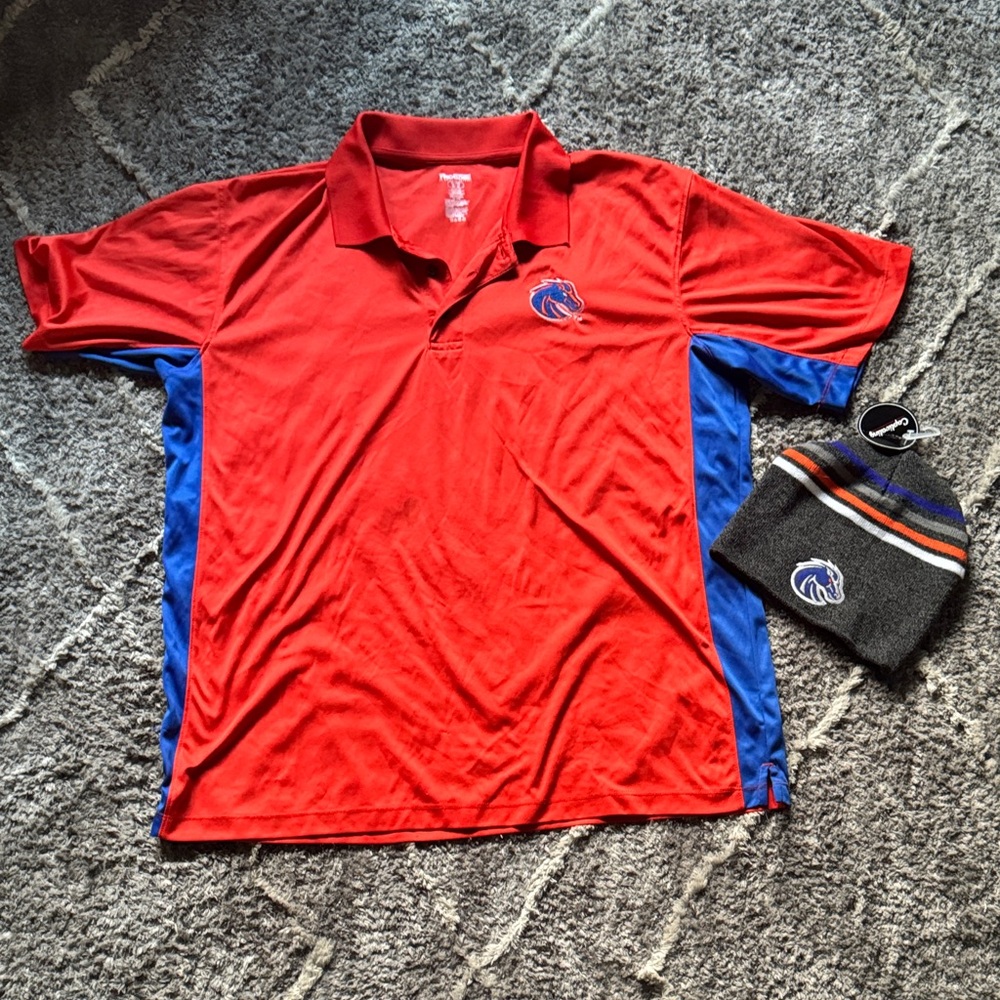 BSU Bronco Orange and Blue Polo Shirt with Beanie XL
